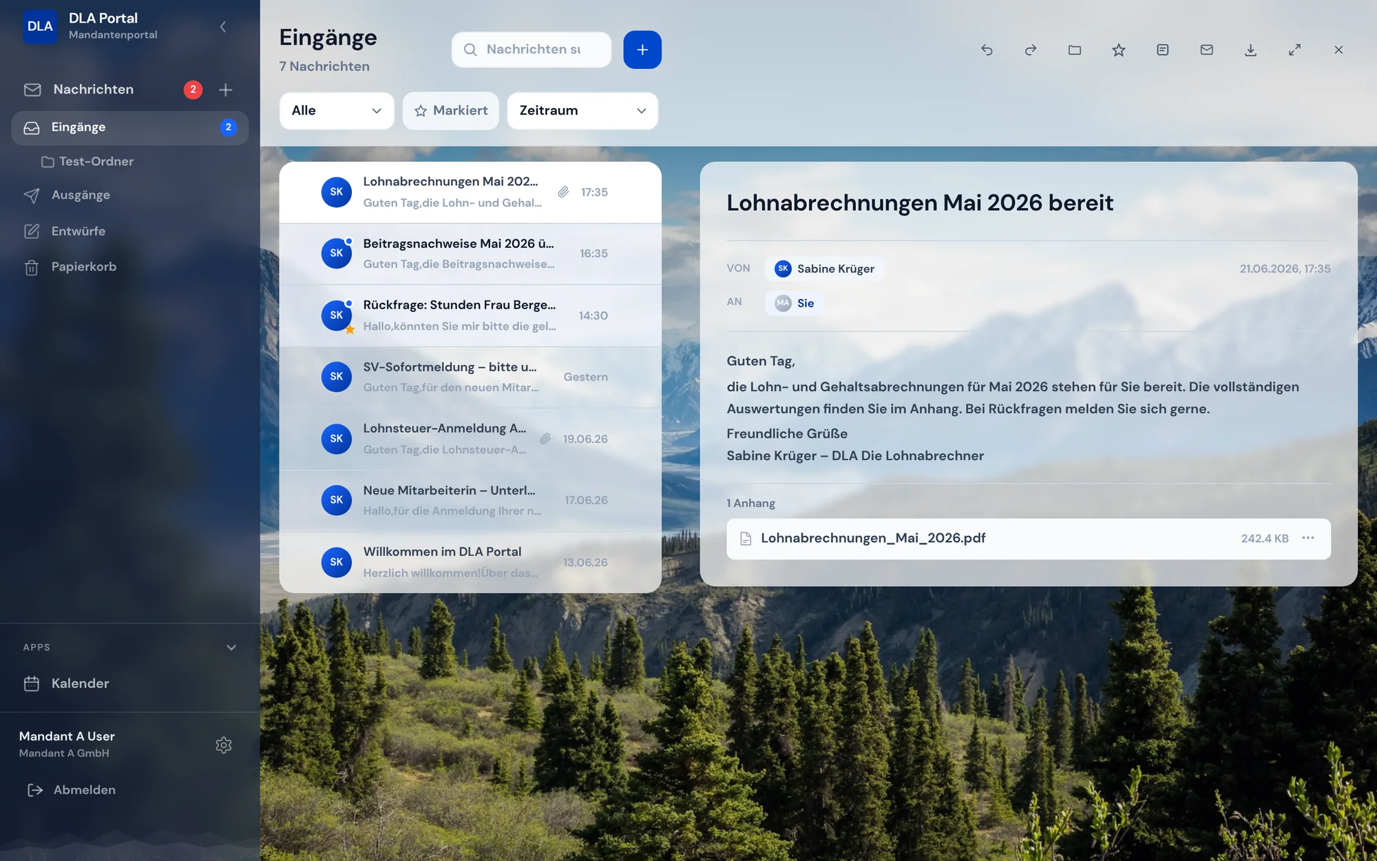 DLA Portal – Nachrichtenübersicht in der Mandantenansicht mit verschlüsselten Lohnunterlagen